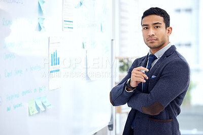 Buy stock photo Brainstorming, portrait and planning with business man in office for data, writing or solution. Schedule, chart and statistics with male employee and whiteboard for problem solving, strategy and goal