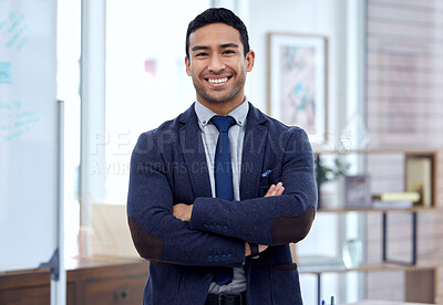 Buy stock photo Happy, arms crossed and portrait of business man in office for corporate, professional and pride. Happiness, smile and entrepreneur with male employee for mission, natural and management