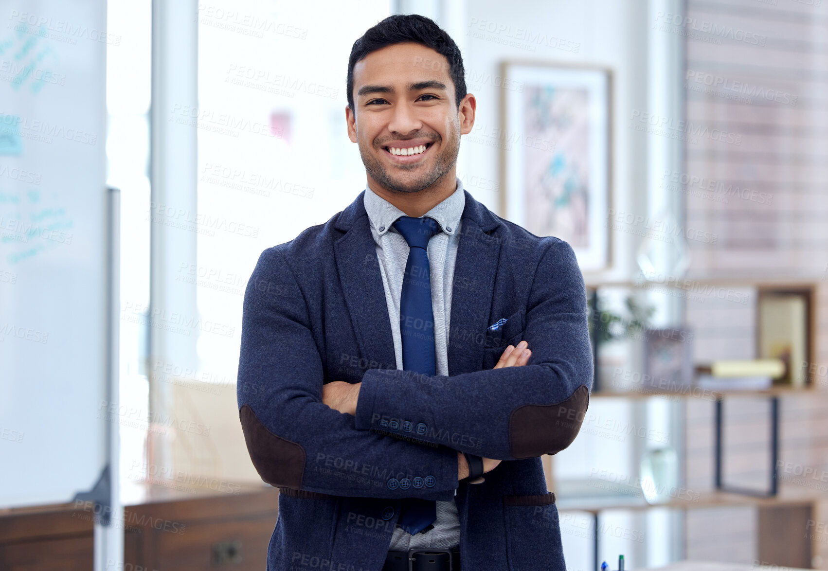 Buy stock photo Happy, arms crossed and portrait of business man in office for corporate, professional and pride. Happiness, smile and entrepreneur with male employee for mission, natural and management