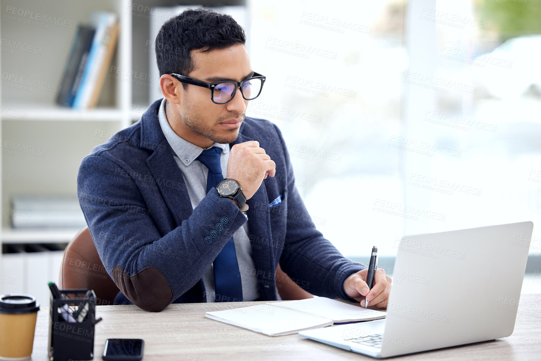 Buy stock photo Thinking, writing and business man on laptop in office planning, notebook brainstorming and online research. Ideas, journal notes and corporate person on computer schedule, reminder or project goal 