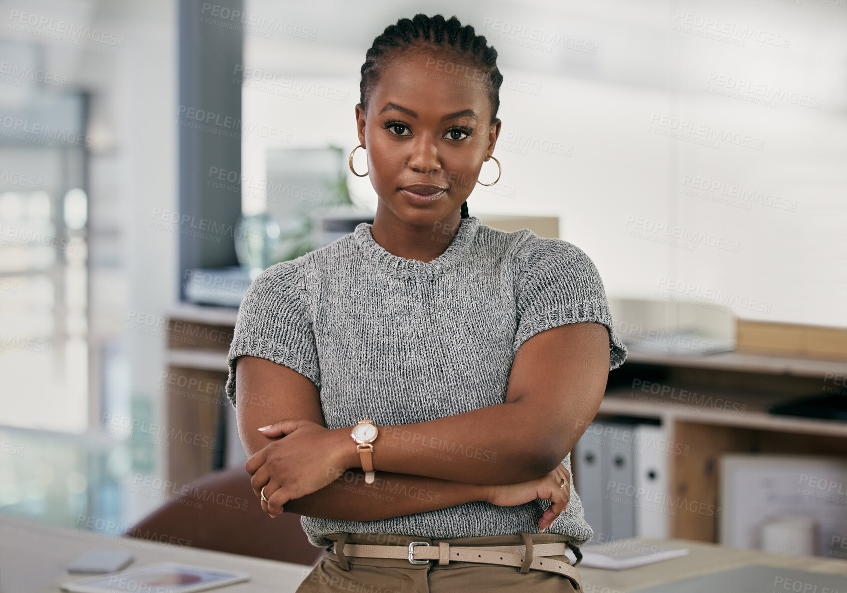 Buy stock photo Portrait, business and confident black woman in office, startup or company for career in Kenya. Face, arms crossed and serious professional entrepreneur, employee and creative editor with job pride