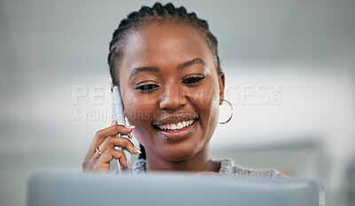 Buy stock photo Black woman, phone call and smile in office on laptop for talking, deal or negotiation in business startup. Mobile, news or professional in discussion, network or creative copywriter chat to contact