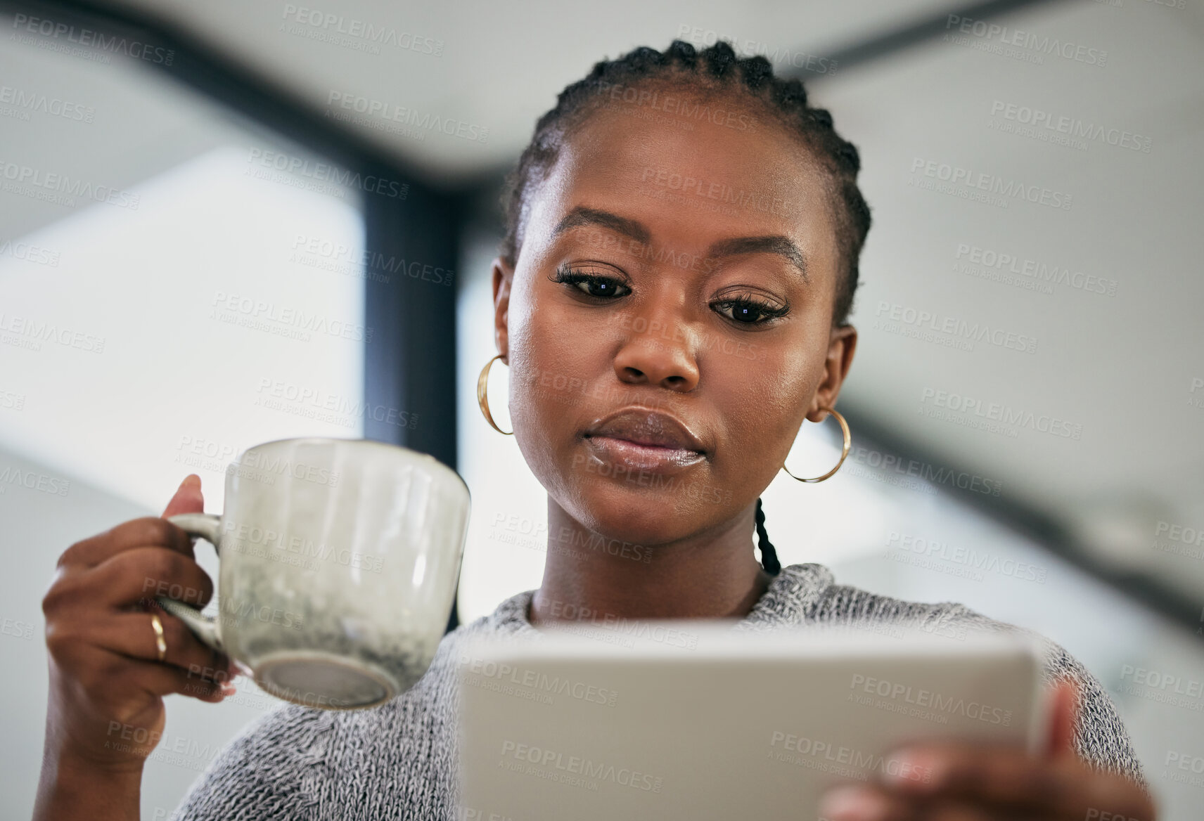 Buy stock photo Coffee, schedule and tablet with business black woman in office to do research for project management. Agenda, planning and technology with design employee in creative workplace for networking