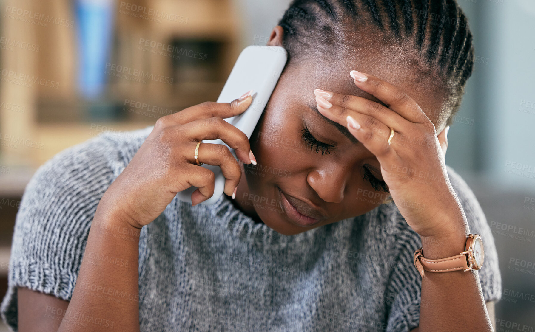 Buy stock photo Business, stress and black woman with a headache, phone call and discussion with network, connection or deadline. Female person, employee or consultant with a migraine, smartphone or talking with pain