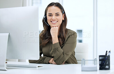 Buy stock photo Woman in portrait, call center and smile with contact us, communication and CRM with tech support. Customer service, help desk and telemarketing with happy female consultant at computer with telecom