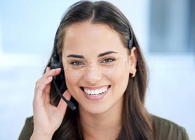 Buy stock photo Woman in portrait, call center and contact us with communication and CRM with tech support. Customer service, help desk and telemarketing with happy female consultant and smile on face with telecom