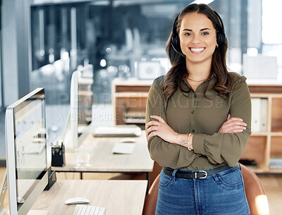 Buy stock photo Portrait, call center and woman with arms crossed, telemarketing and employee with headphones, advice and help. Face, female person and consultant with a headset, customer service and tech support