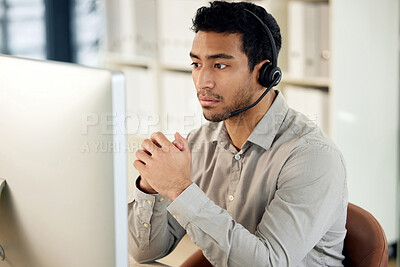 Buy stock photo Man at computer, call center and headset with contact us, communication and CRM with tech support. Customer service, help desk and telemarketing with serious male consultant and professional service