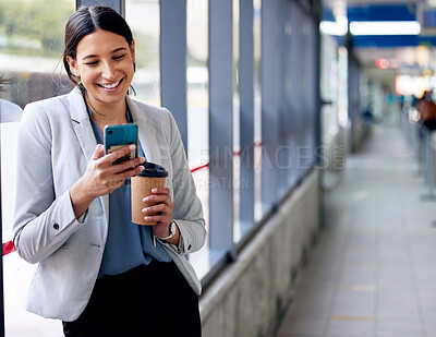 Buy stock photo Business woman on coffee break, smartphone and contact with communication and smile at meme on social media. Happy female worker, travel and online mobile chat with space and relax with drink
