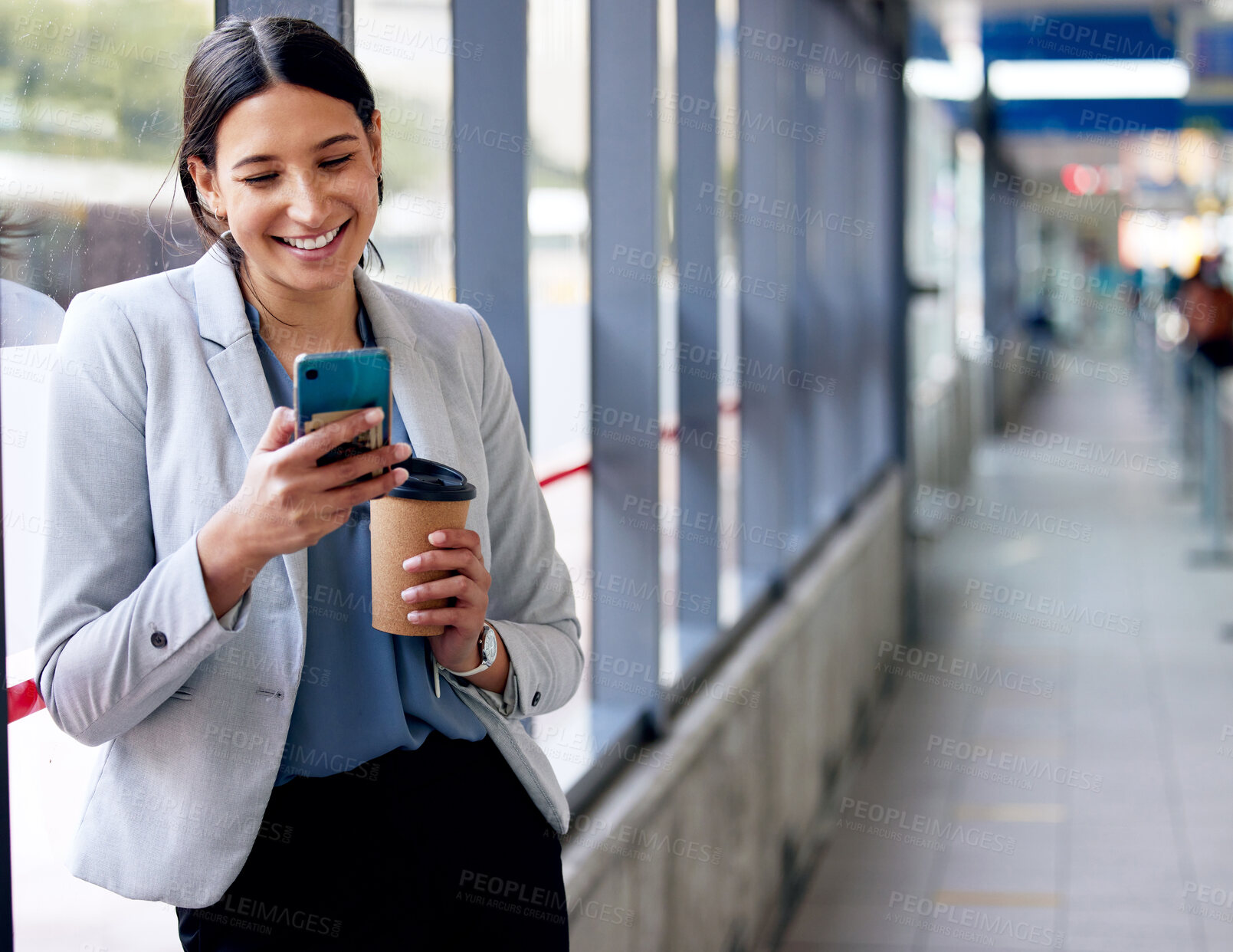 Buy stock photo Business woman on coffee break, smartphone and contact with communication and smile at meme on social media. Happy female worker, travel and online mobile chat with space and relax with drink