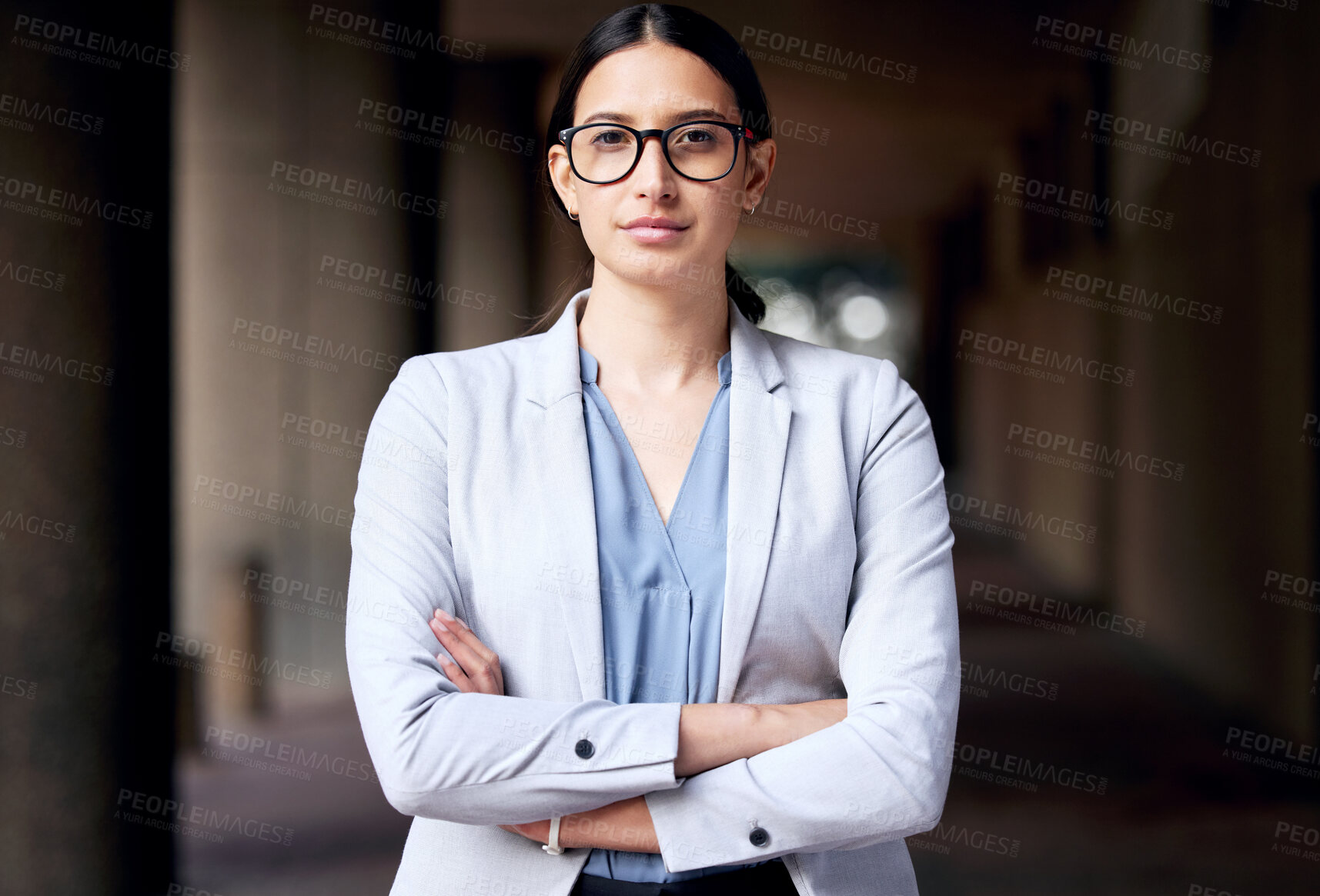 Buy stock photo Outdoor, portrait or serious businesswoman with arms crossed, confidence or suit in firm or company. City, corporate attorney or proud female lawyer with glasses ready for career, job or opportunity