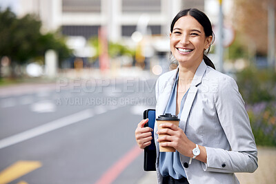 Buy stock photo Business woman in street, travel with coffee in portrait, smile on commute with mockup space and outdoor. Female professional in urban street, happy with hot drink and person traveling to work