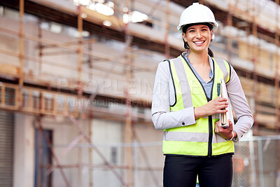 Buy stock photo Portrait, engineer and woman with construction, business and smile with inspection, vest and helmet. Face, female person or employee with safety, documents and builder with a hard hat or architecture