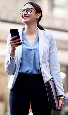 Buy stock photo Businesswoman, smartphone and thinking with smile in city for chat, direction and waiting for transport. Corporate, career and female person as saleswoman with cellphone, message and tech to connect