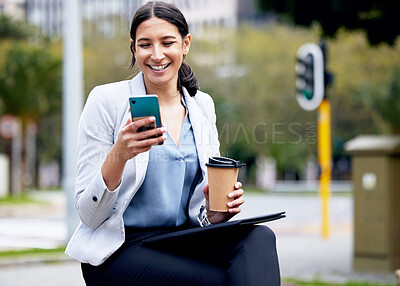 Buy stock photo Business woman, coffee break and city with phone for contact, communication or smile at meme on social media. Happy female worker outdoor, travel with online chat and relax with drink, mobile or tech