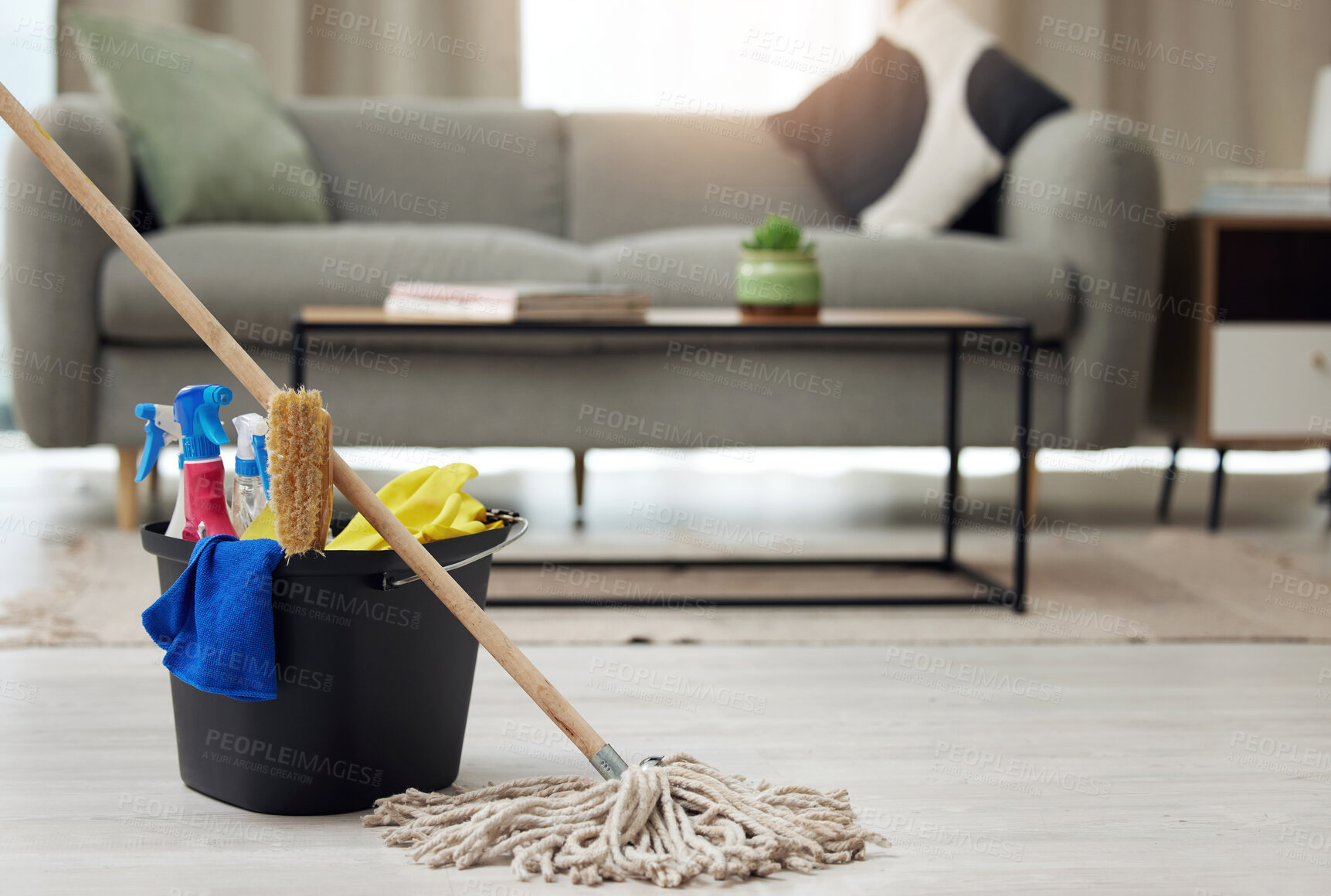 Buy stock photo Shot of a bucket of cleaning supplies