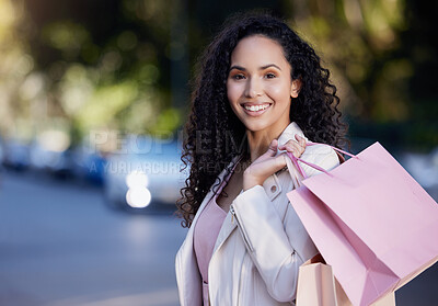 Buy stock photo Shopping bag, portrait or happy girl in city street for fashion, sale or mall deal, product or gift. Store, discount or retail customer in Paris for boutique giveaway or thrifting purchase choice