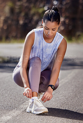 Buy stock photo Woman, fitness and tie shoelace for running, start exercise in street with challenge and action outdoor. Runner, athlete and ready for sports with sneakers or footwear, workout and training for race