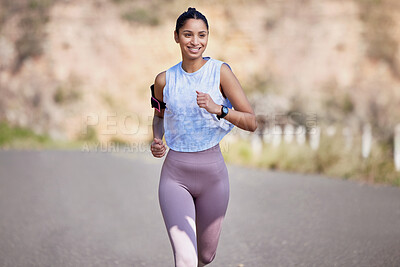 Buy stock photo Road, running and woman with fitness, exercise and workout goal with wellness, health and progress. Female person, athlete and runner in the street, sports and training with energy, speed and cardio