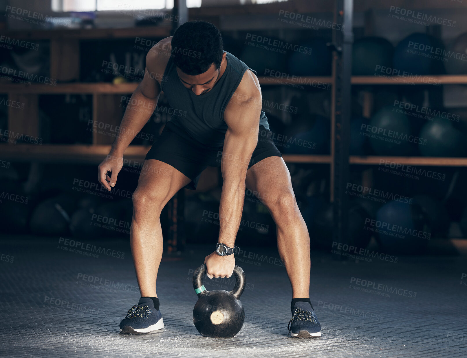 Buy stock photo Exercise, kettlebell and man with fitness, workout goal and training with wellness, health and progress. Male person, guy and athlete with gym equipment, strong and sports with energy and challenge
