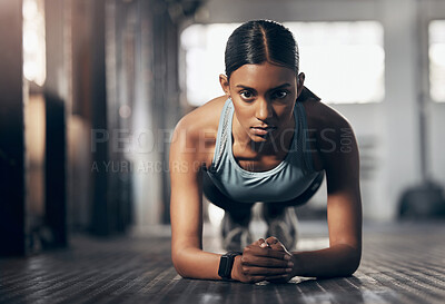 Buy stock photo Push ups, training and portrait of woman in gym for challenge, exercise and performance. Health, strong and sports with female bodybuilder and workout in fitness center for energy, wellness or focus 