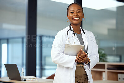 Buy stock photo Portrait, doctor and black woman with a tablet, smile and connection with innovation, network and happiness. Face, female person and medical professional with technology, healthcare and happiness