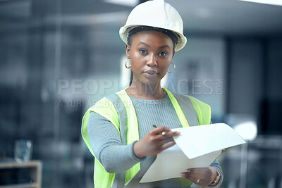 Buy stock photo Portrait, engineer and checklist for construction or building inspection, survey and checking logistics on project. Black woman, working on clipboard and contractor writing on paper and document