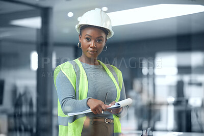 Buy stock photo Architect, portrait and checklist for construction or building inspection, survey and checking logistics on project. Black woman, working on clipboard and contractor writing on paper and document