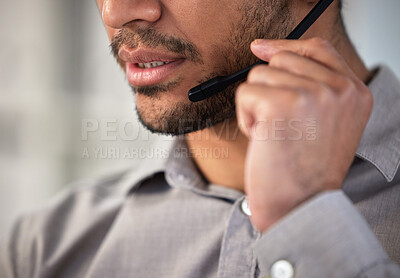 Buy stock photo Man, mouth and microphone as employee at call center with customer or client support and service. Office, crm and advisor or consultant for help or communication with job and career growth as agent
