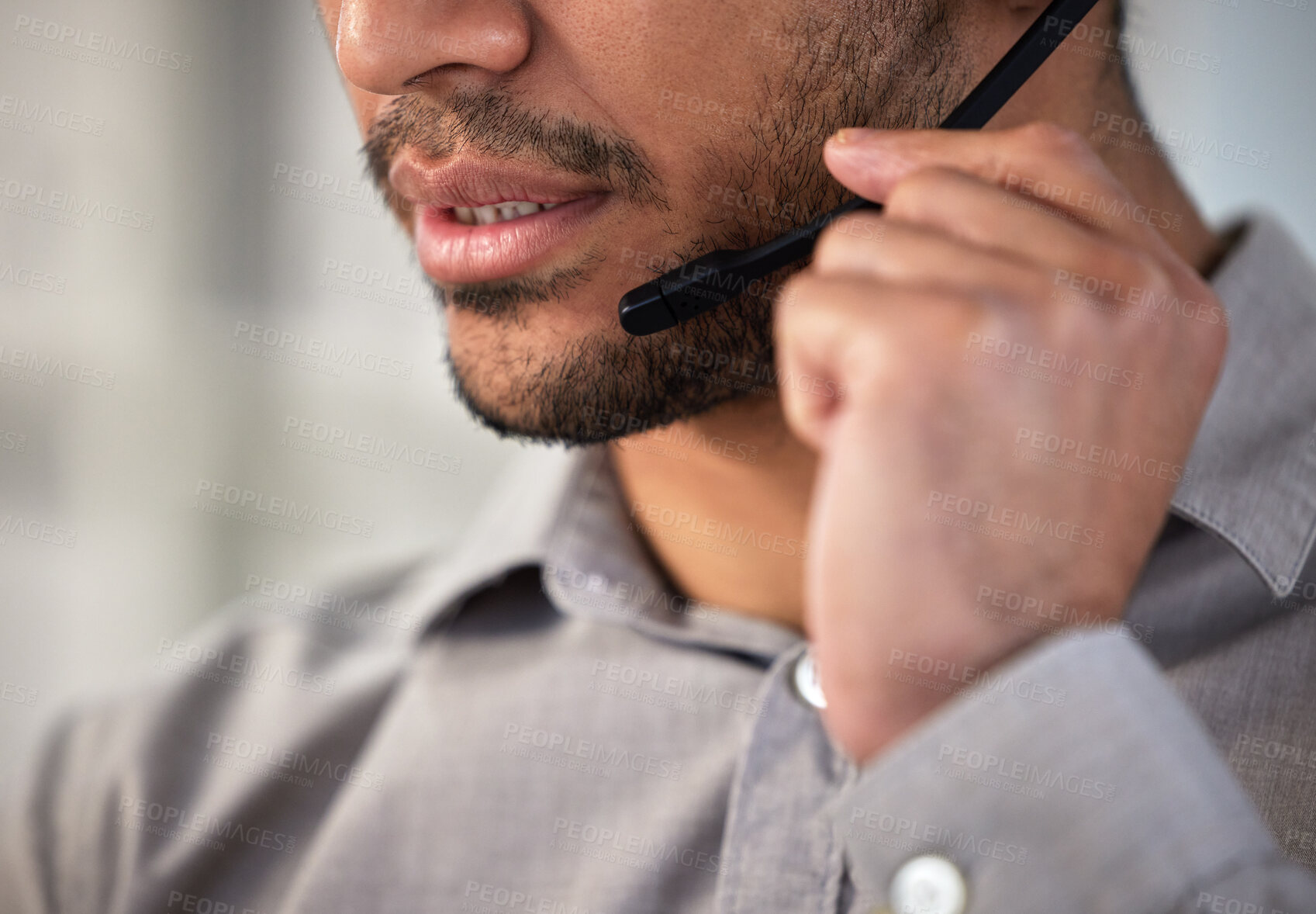 Buy stock photo Man, mouth and microphone as employee at call center with customer or client support and service. Office, crm and advisor or consultant for help or communication with job and career growth as agent