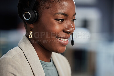Buy stock photo Call center, customer service and crm with a black woman consultant working in her office at night. Contact us, support and consulting with a happy young female employee at work in telemarketing