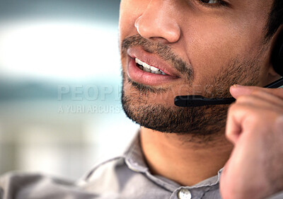 Buy stock photo Call center, man and mic with communication in office for customer service, telemarketing or consulting. Businessman, headset and technology with help for client support, sales advice and discussion