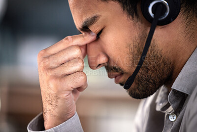 Buy stock photo Man, stress and headset as employee at call center with customer or client support and service. Office, crm and advisor or consultant with fatigue, burnout and tired with headache and overtime
