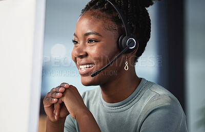 Buy stock photo Call center, customer service and support with a black woman consultant working in her office at night. Contact us, crm and consulting with a happy young female employee at work in telemarketing