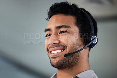 Buy stock photo Call center, smile and business man, telemarketing and customer service in office. Crm, contact us and Asian male sales agent, consultant and employee work on help desk, support and listening mockup.