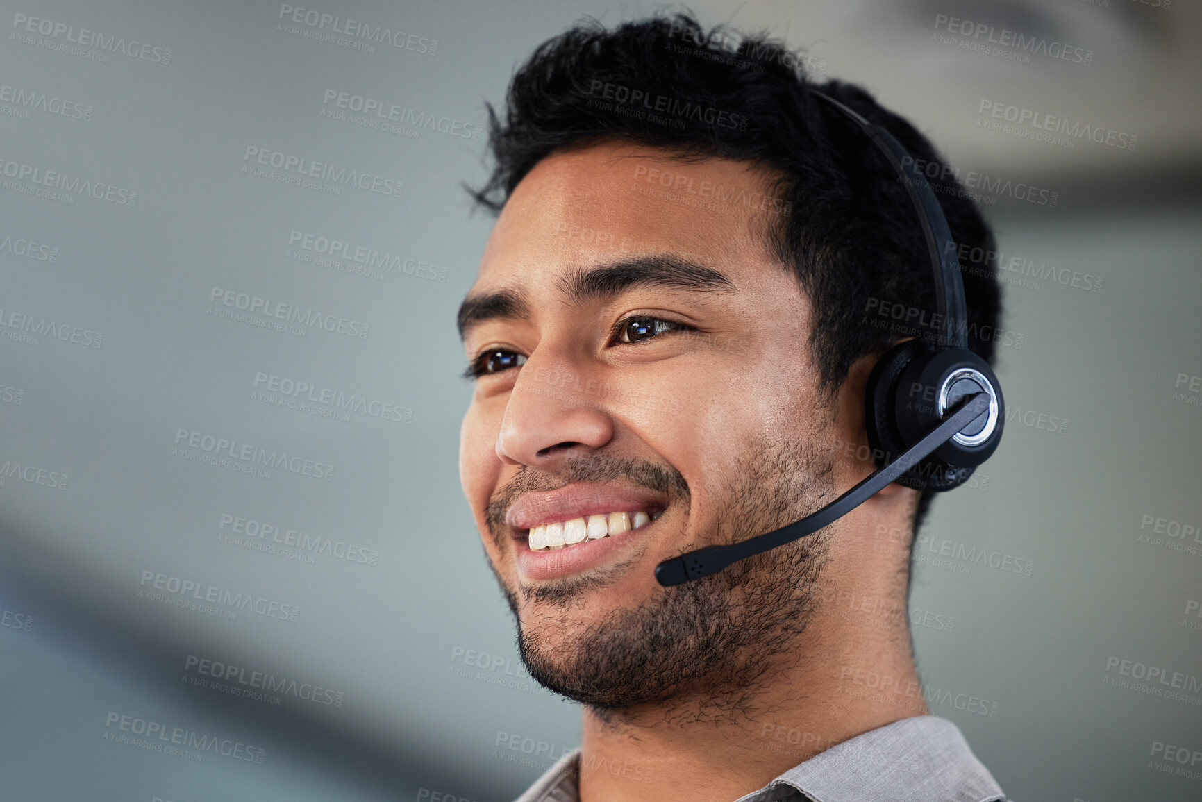 Buy stock photo Call center, smile and business man, telemarketing and customer service in office. Crm, contact us and Asian male sales agent, consultant and employee work on help desk, support and listening mockup.