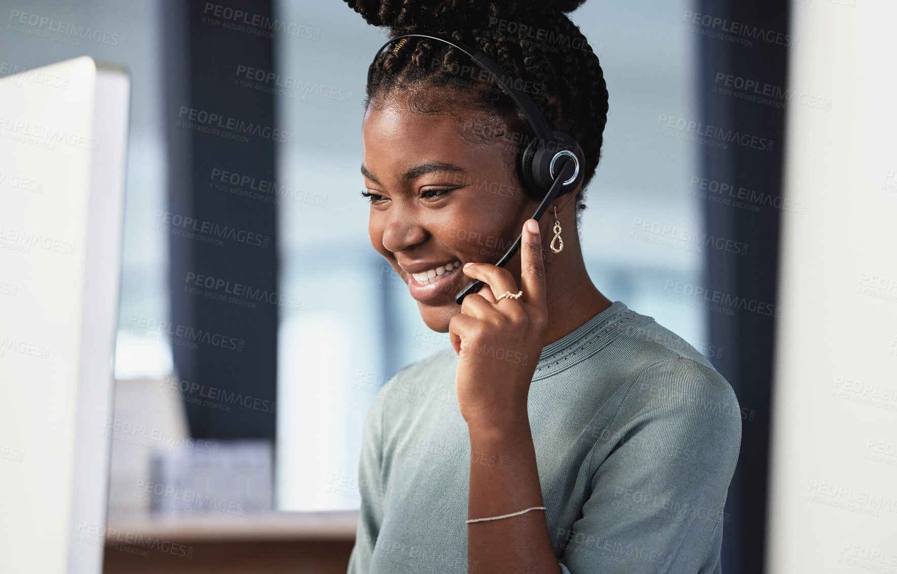 Buy stock photo Call center, customer service and contact us with a black woman consultant working in her office at night. Support, crm and consulting with a happy young female employee at work in telemarketing