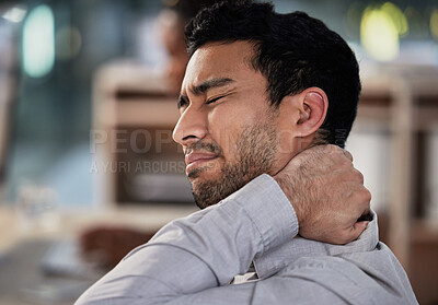 Buy stock photo Businessman, stress and neck pain with muscle strain for  burnout, anxiety and fatigue. Entrepreneur, startup and headache with mental health, tired and workload for fibromyalgia, crisis and risk