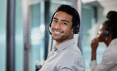 Buy stock photo Portrait, call center and man with telemarketing, customer service and happiness with advice, help or connection. Face, male person or employee with headphones, consultant and agent with tech support
