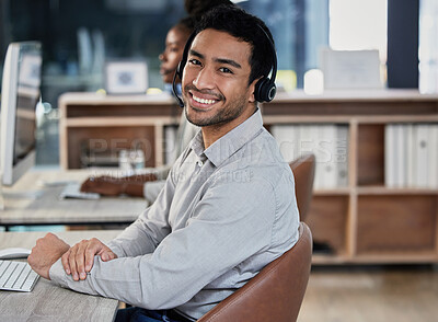 Buy stock photo Portrait, consultant and man with telemarketing, customer service and connection with advice, help or smile. Face, male person and employee with headphones, consulting and agent with tech support