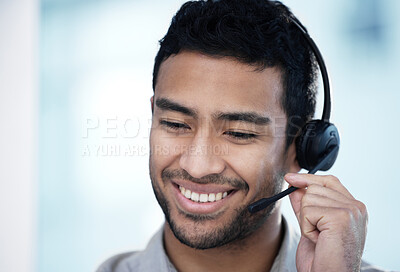 Buy stock photo Call center, listening and business man smile for telemarketing, customer service and support in office mockup. Crm, contact us and Asian male sales agent, consultant and professional with microphone