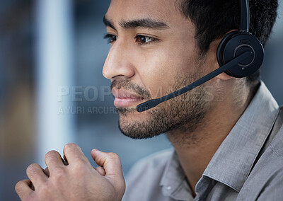 Buy stock photo Call center, business man and telemarketing profile for customer service, support and listening in office. Crm, contact us and Asian male sales agent, consultant and employee working for help desk.