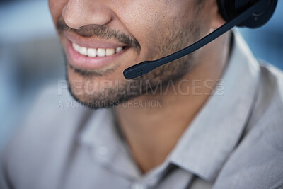 Buy stock photo Call center, man and smile with headphones in office for customer service, consulting or telemarketing. Salesman, happy and technology with job for help desk, sales support and advisory at work