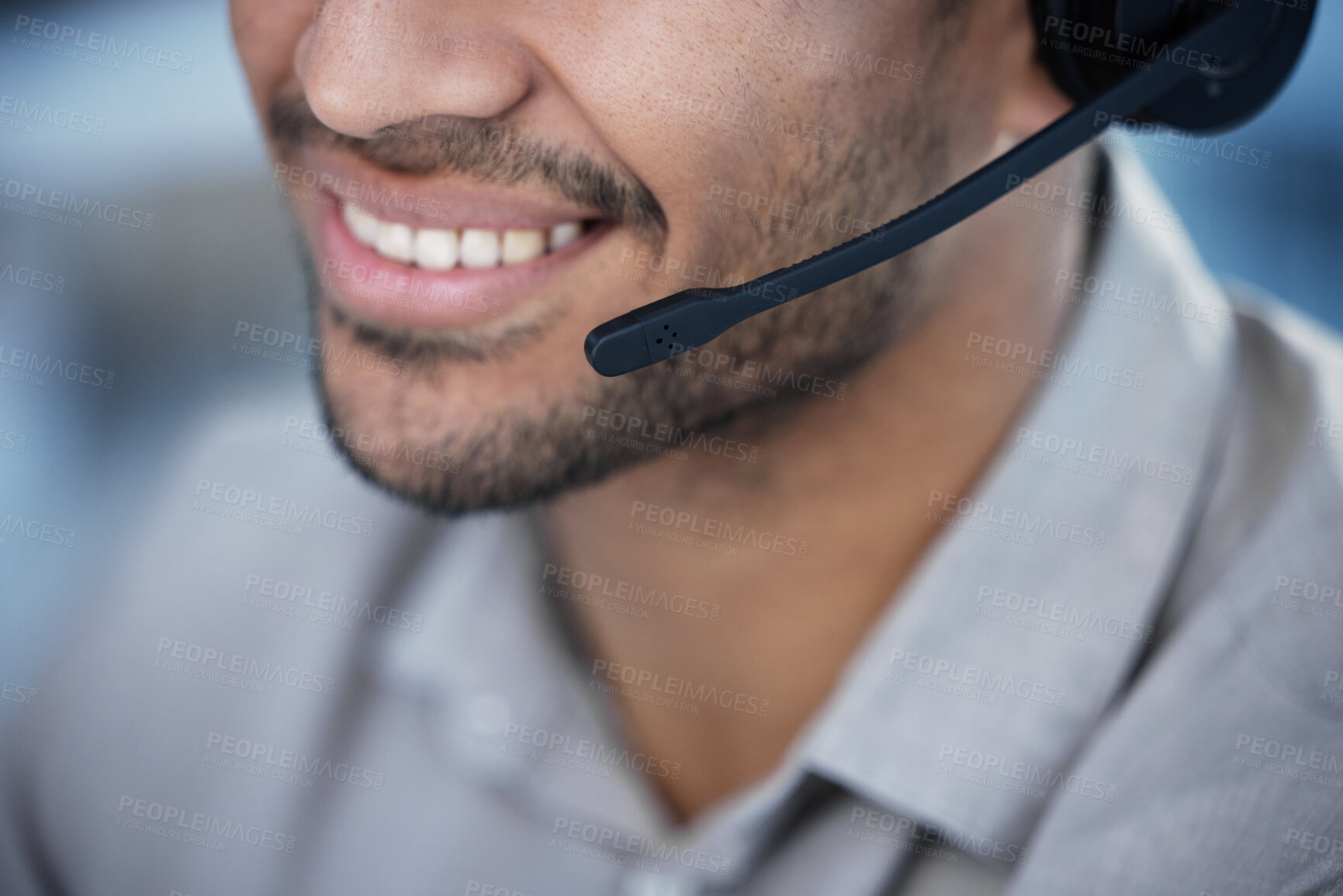 Buy stock photo Call center, man and smile with headphones in office for customer service, consulting or telemarketing. Salesman, happy and technology with job for help desk, sales support and advisory at work
