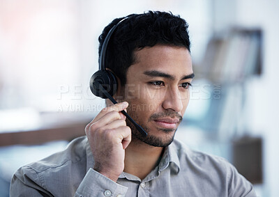 Buy stock photo Call center, listening and business man telemarketing, customer service and support in office. Crm, contact us and Asian male sales agent, consultant and professional working, consulting or help desk