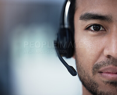Buy stock photo Call center, man and portrait with headphones in office for customer service, consulting or telemarketing. Salesman, mockup and technology with space for help desk, sales support and advisory at work