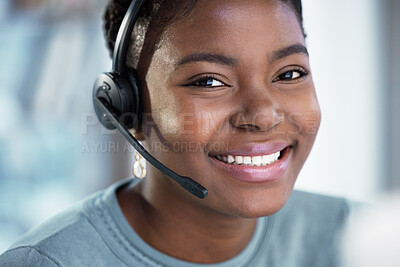 Buy stock photo Call center, face and black woman smile for telemarketing, customer service and support in office. Portrait, contact us and African female sales agent, crm consultant and happy employee from Nigeria.