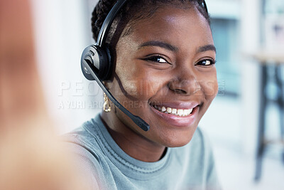 Buy stock photo Selfie, face and black woman in call center, smile and telemarketing for customer service or support in office. Portrait, contact us and African female sales agent taking professional profile picture