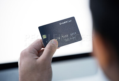 Buy stock photo Hand, credit card and computer to place online order for ecommerce, internet shopping and fintech. Person, tech or pc searching web with banking details for digital retail, transaction and payment