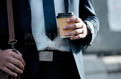 Buy stock photo City, businessman and hand with coffee in outdoor as drink for morning caffeine for commute to workplace. Professional, corporate and employee with tea for energy as daily routine for motivation